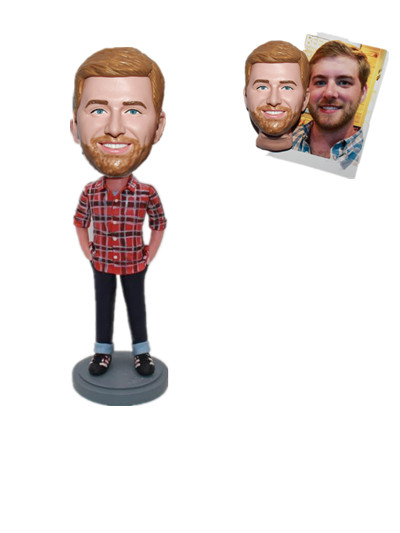 Custom Bobble Head Man in Plaid Shirt with Hands in Pockets