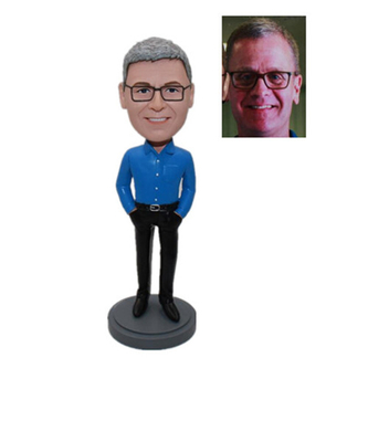 Fashion Mam in Blue Shirt with Hands in Pockets Custom Bobble Heads Company Gift