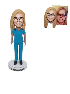 Custom Bobblehead Female Nurse in Blue Shirt with Stethoscope