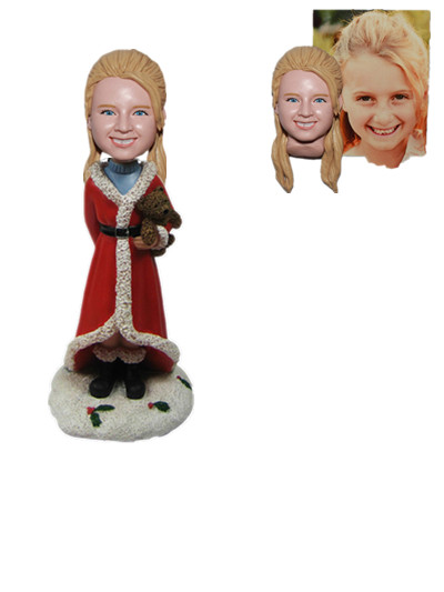 Custom Christmas Girl Bobble Head Girl with A Teddy Bear