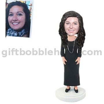 Custom Female Bobblehead Lady in Black Dress with Necklace Around Her Neck Mothers' Day Gift